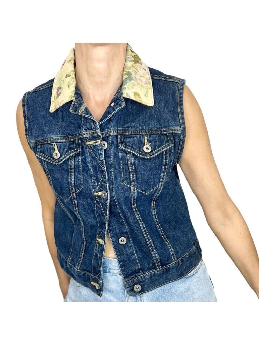 Vintage Liz Claiborne dark denim floral collar fitted cropped jean vest S